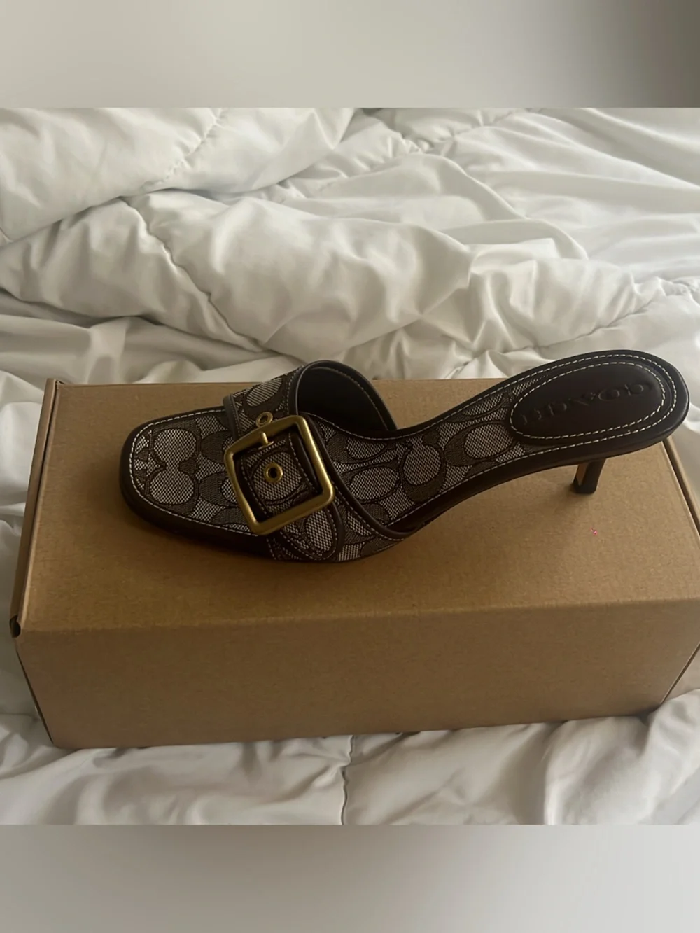 Viral COACH Women's Brown Signature Kitten Heel Sandals with Buckle